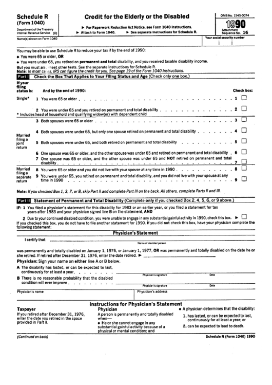 Schedule R (Form 1040) - Schedule R Credit For The Elderly Or The Disabled - 1990 Printable pdf