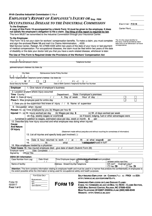 Form 19 - Employer's Report Of Employee's Injury Or Occupational Disease To The Industrial Commission - North Carolina Industrial Commission