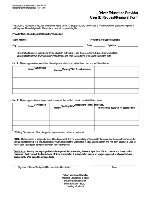 Fillable Form Des-032 - Driver Education Provider User Id Request/removal - 2009 Printable pdf