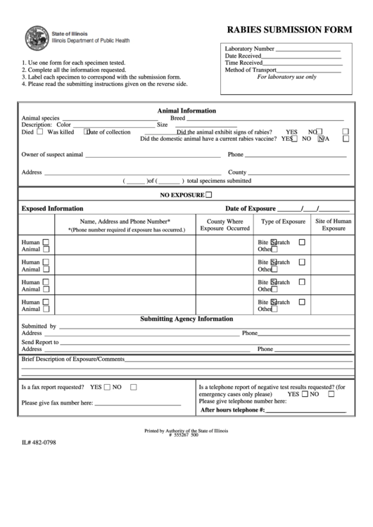 Form Il 482-0798 - Rabies Submission Form Printable pdf