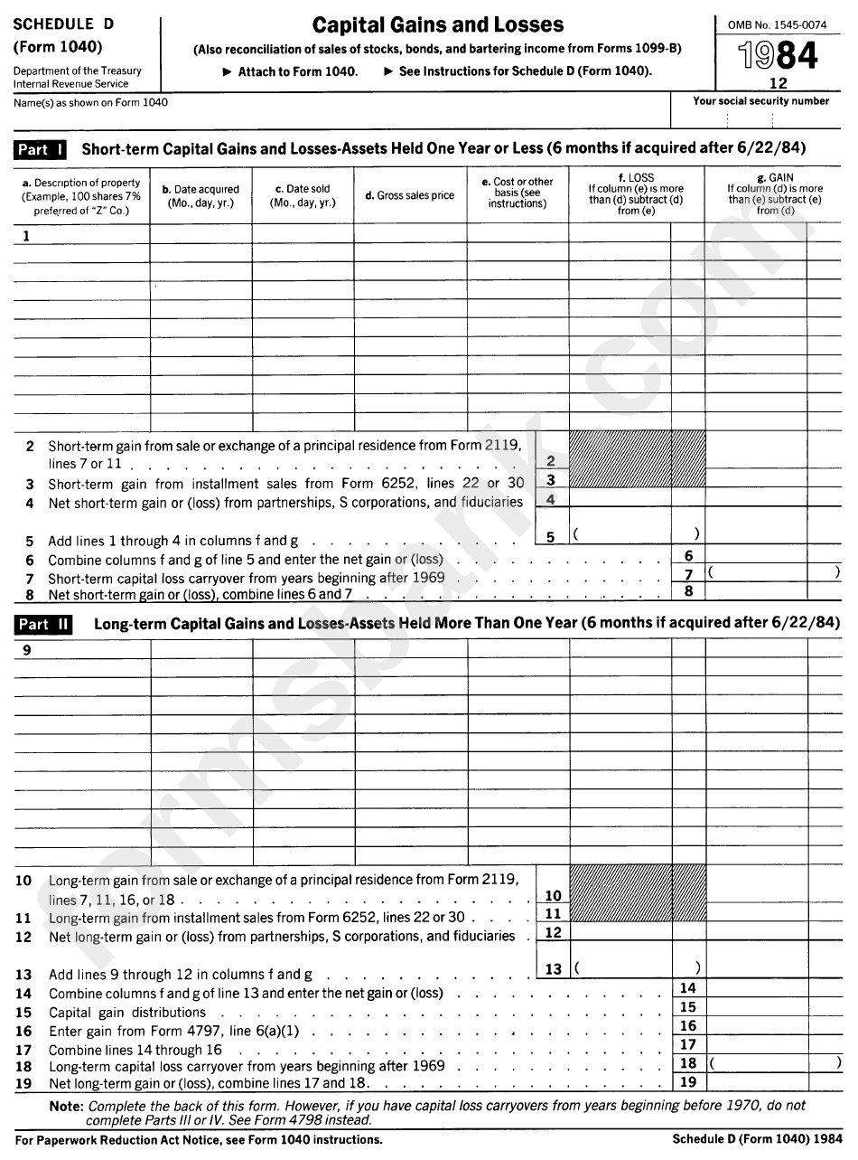Form 1040 - Schedule D Capital Gains And Losses - 1984