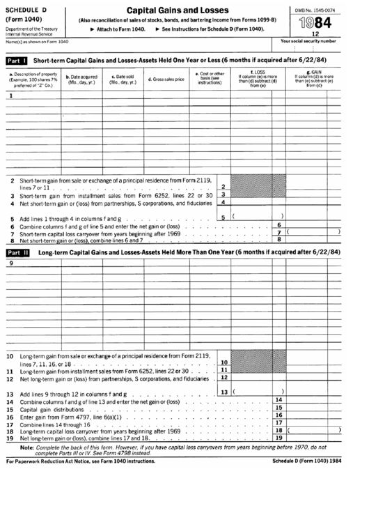 Form 1040 - Schedule D Capital Gains And Losses - 1984 Printable pdf