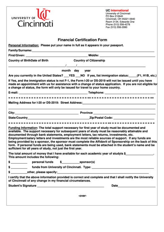Financial Certification Form printable pdf download