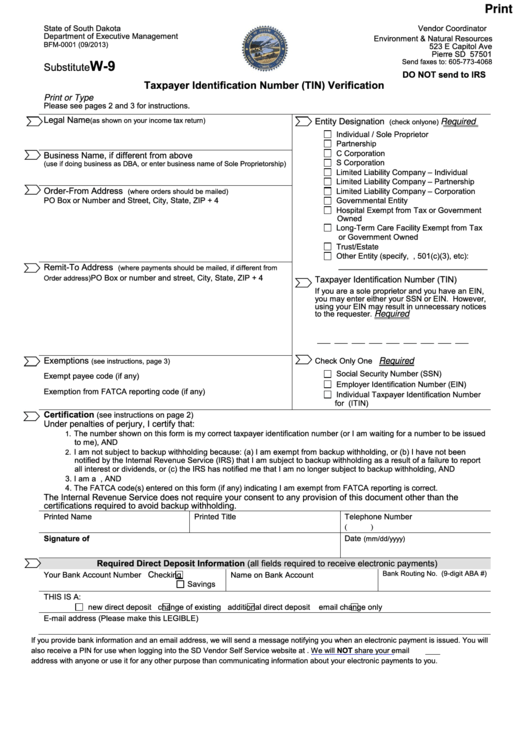 Fillable Form Bfm-0001 - Substitute W-9 Taxpayer Identification Number (Tin) Verification - 2013 Printable pdf