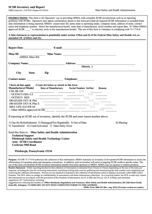 Fillable Msha Form 2000-222 - Scsr Inventory And Report Printable pdf