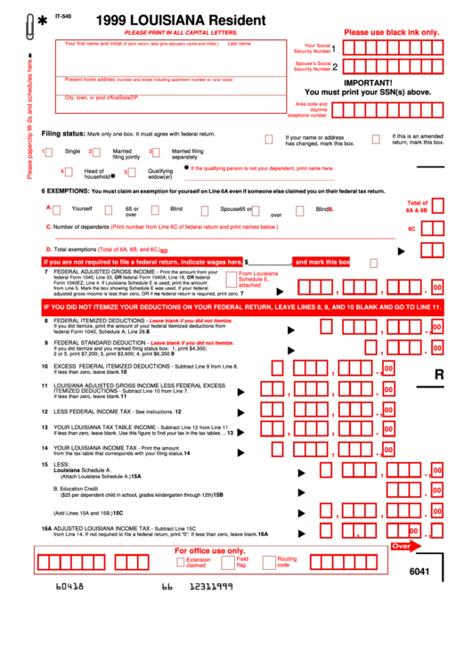 Form It-540 - 1999 Louisiana Resident Printable pdf