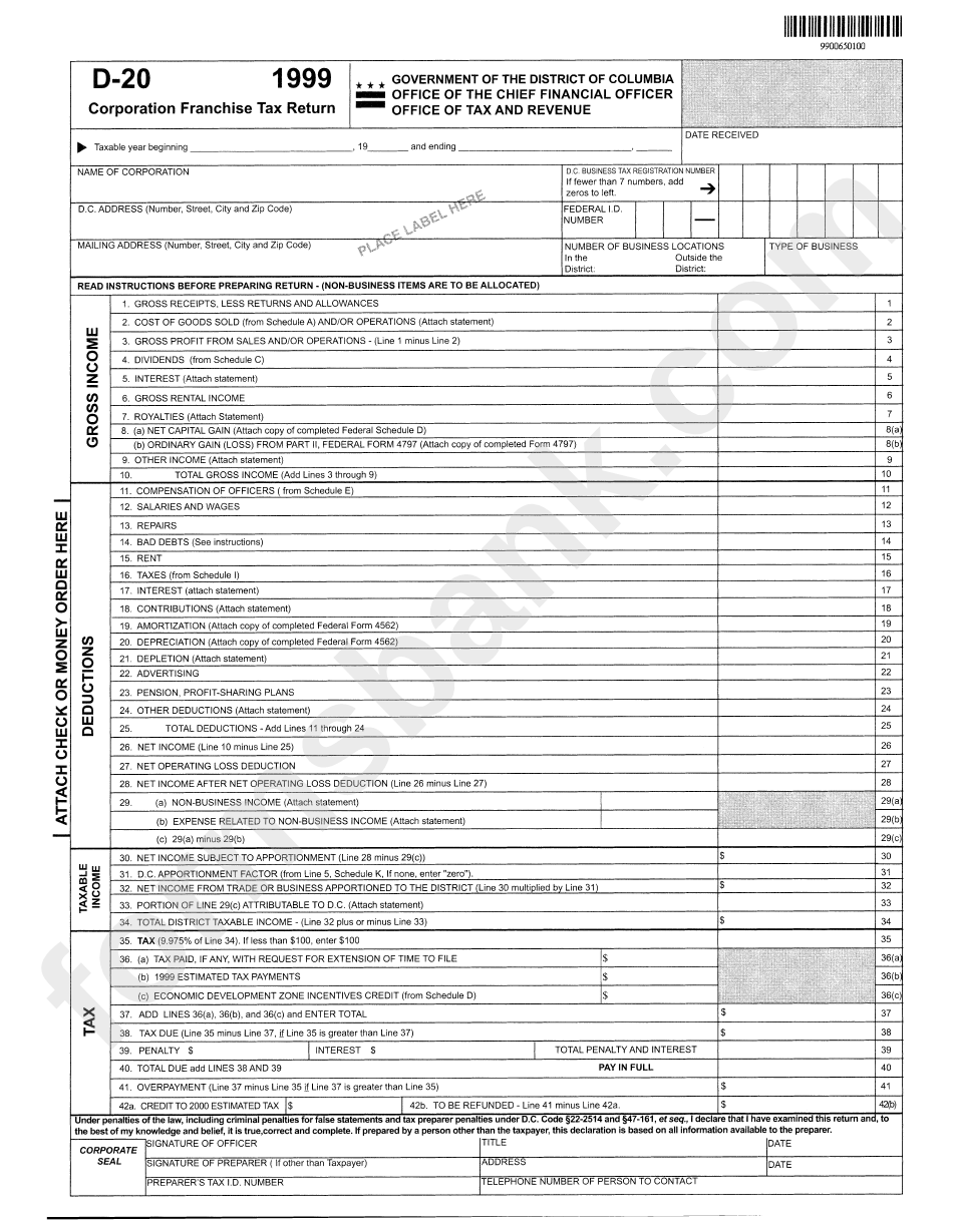 Form D-20 - Corporation Franchise Tax Return - 1999