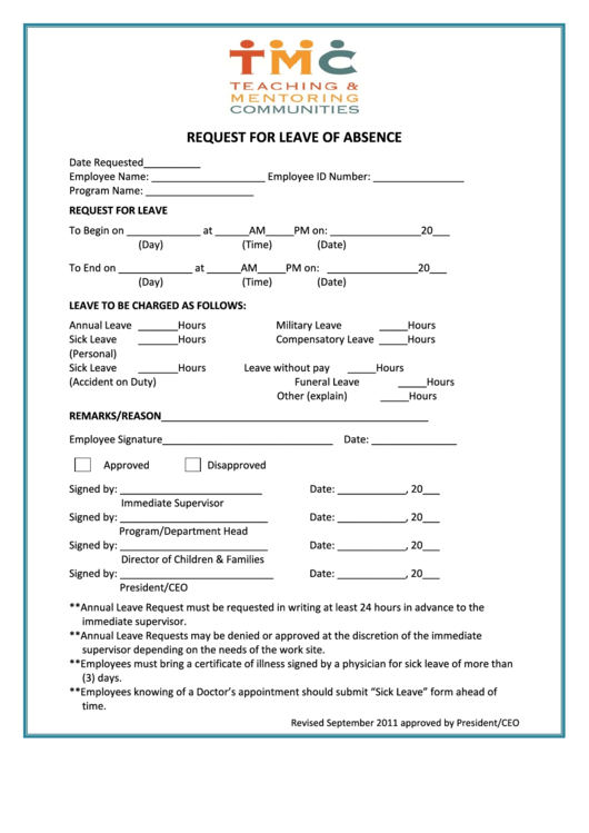 Fillable Request For Leave Of Absence Printable pdf