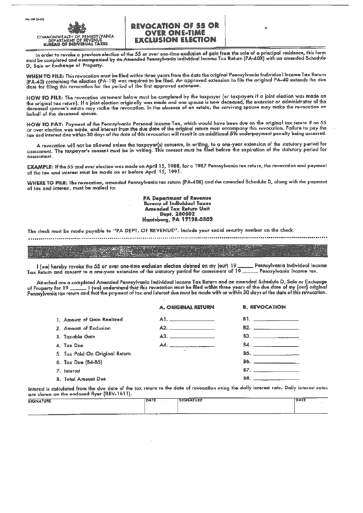 Form Pa-198 - Revocation Of 55 Or Over One-Time Exclusion Election Printable pdf