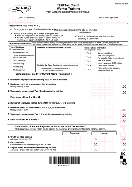 Form Nc-478d - 1999 Tax Credit Worker Training 10-99 - North Carolina Department Of Revenue Printable pdf