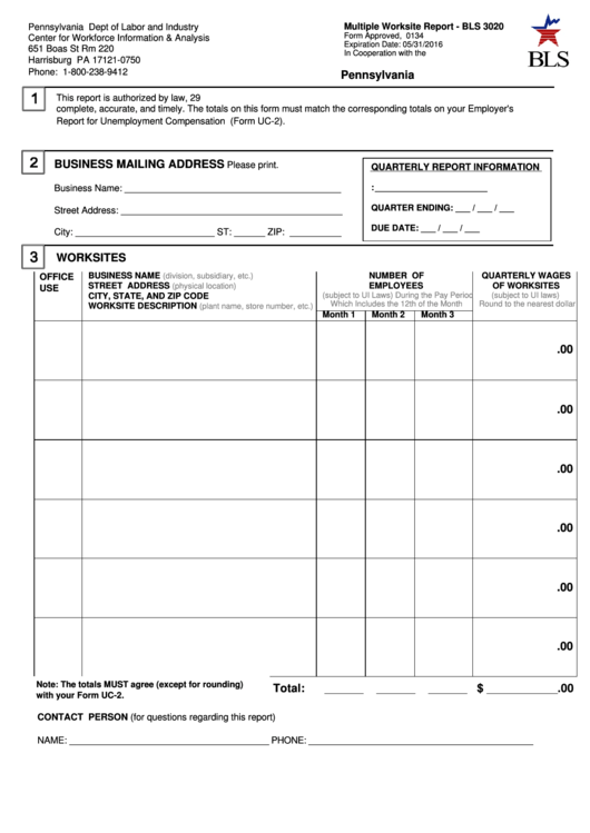 Fillable Form Bls 3020 - Multiple Worksite Report - Pennsylvania Dept Of Labor And Industry Printable pdf