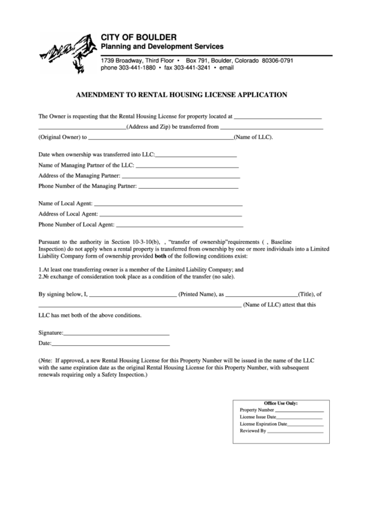 Fillable Amendment To Rental Housing License Application - City Of Boulder Printable pdf
