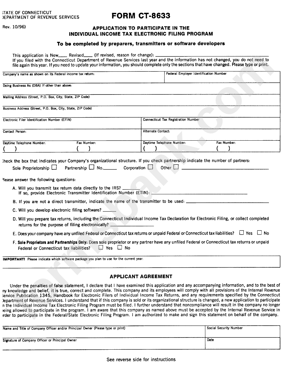 Form Ct-8633 - Application To Participate In The Individual Income Tax Electronia Filing Program