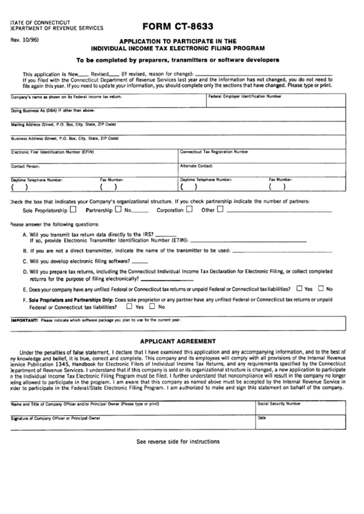 Fillable Form Ct-8633 - Application To Participate In The Individual Income Tax Electronia Filing Program Printable pdf