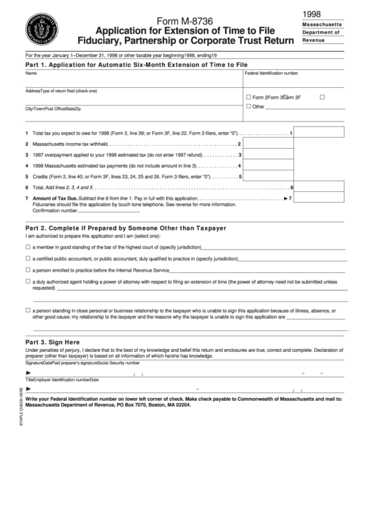 Fillable Form M-8736 - Application For Extension Of Time To File Fiduciary, Partnership Or Corporate Trust Return - 1998 Printable pdf