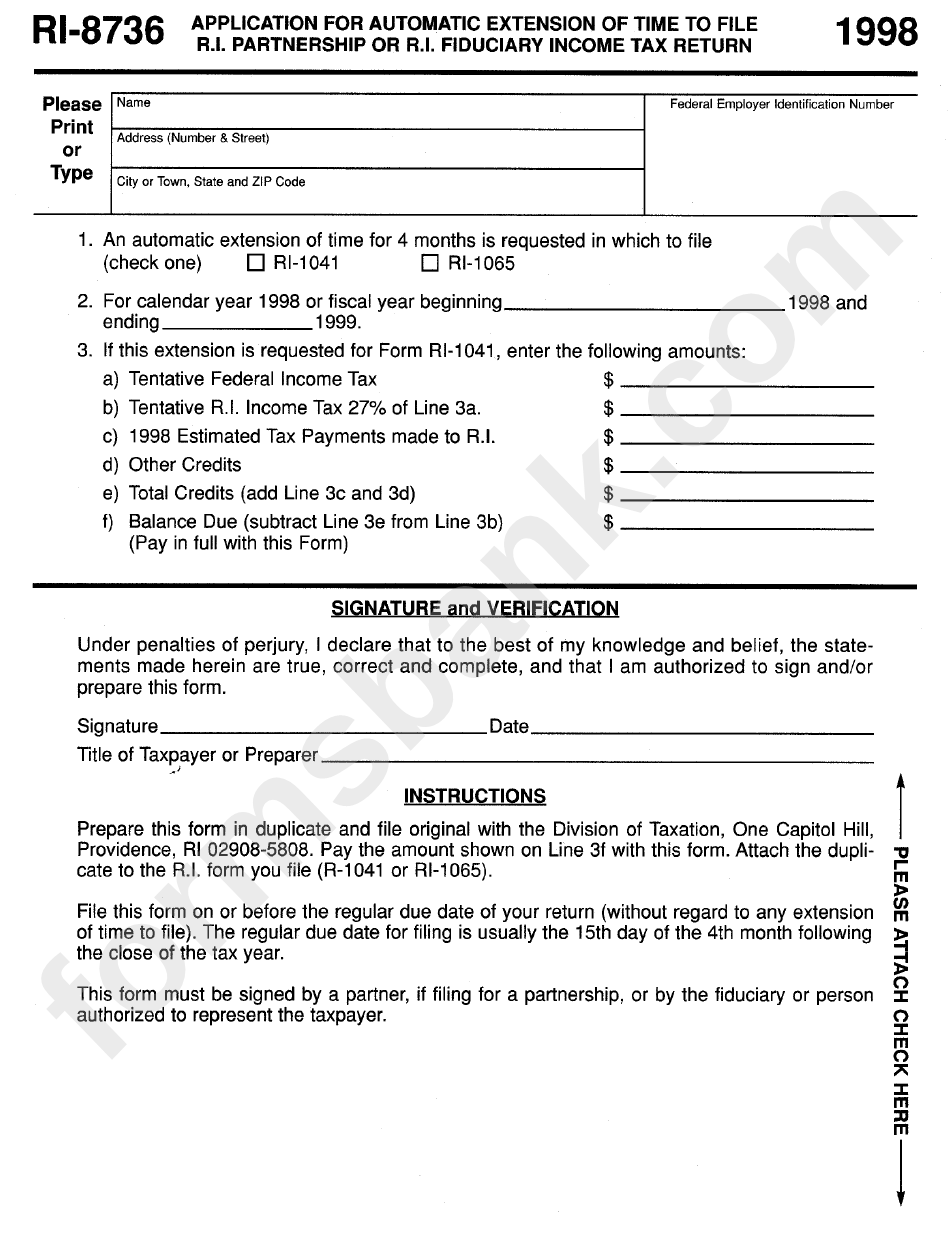 Form Ri-8736 - Application For Automatic Extension Of Time To File R.i. Partnership Or R.i. Fiduciary Income Tax Return - 1998