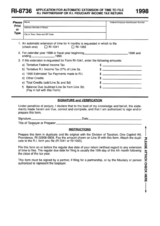 Fillable Form Ri-8736 - Application For Automatic Extension Of Time To File R.i. Partnership Or R.i. Fiduciary Income Tax Return - 1998 Printable pdf