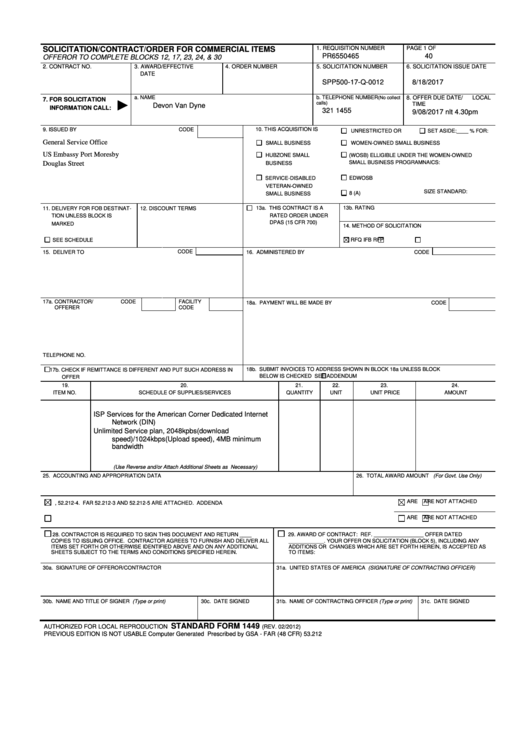 Form 1449 - Solicitation/contract/order For Commercial Items Printable pdf