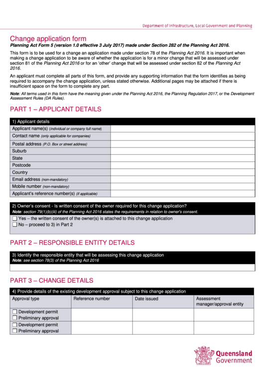 Change Application Form - Department Of Infrastructure, Local Government And Planning Printable pdf