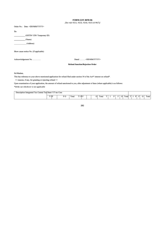 Form Gst-Rfd-06 - Refund Sanction/rejection Order Printable pdf