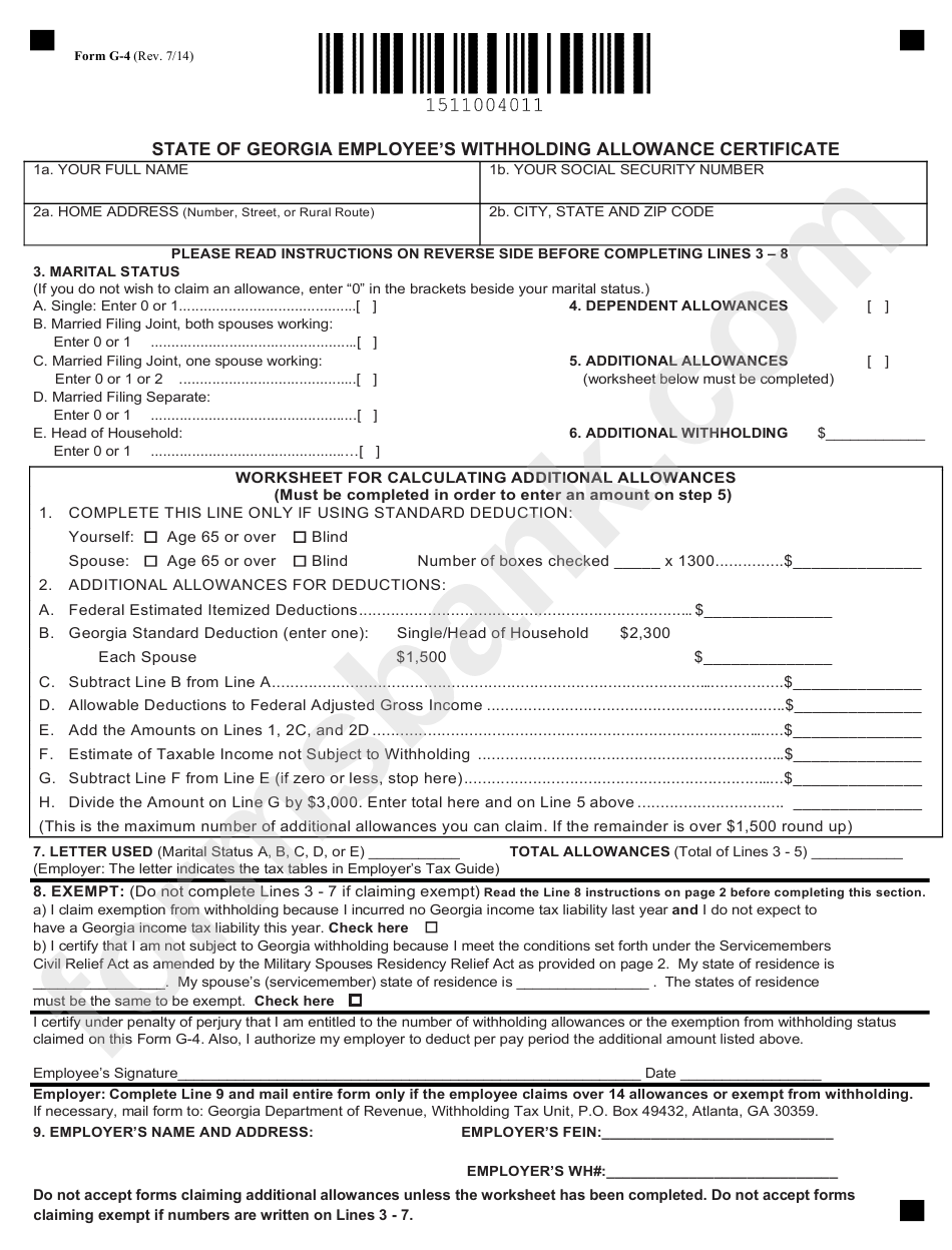 Form G 4 State Of Georgia Employee #39 S Withholding Allowance