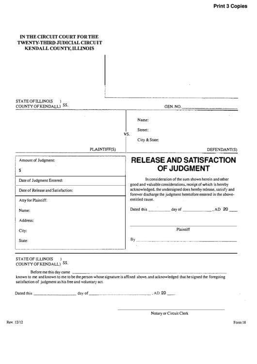 Fillable Form 18 - Release And Satisfaction Of Judgment - Twenty-Third Judicial Circuit Kendall Country Printable pdf