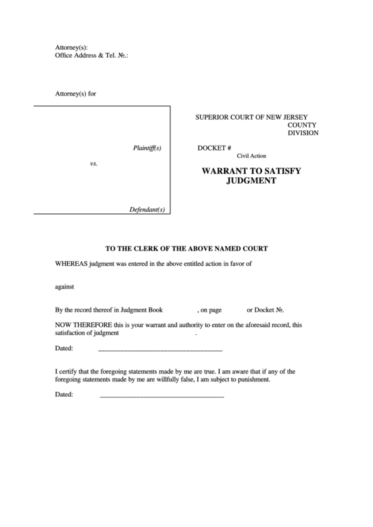 Fillable Warrant To Satisfy Judgment - Superior Court Of New Jersey County Division Printable pdf