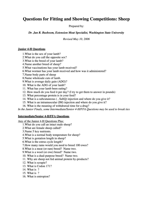 Questions For Fitting And Showing Competitions: Sheep Printable pdf