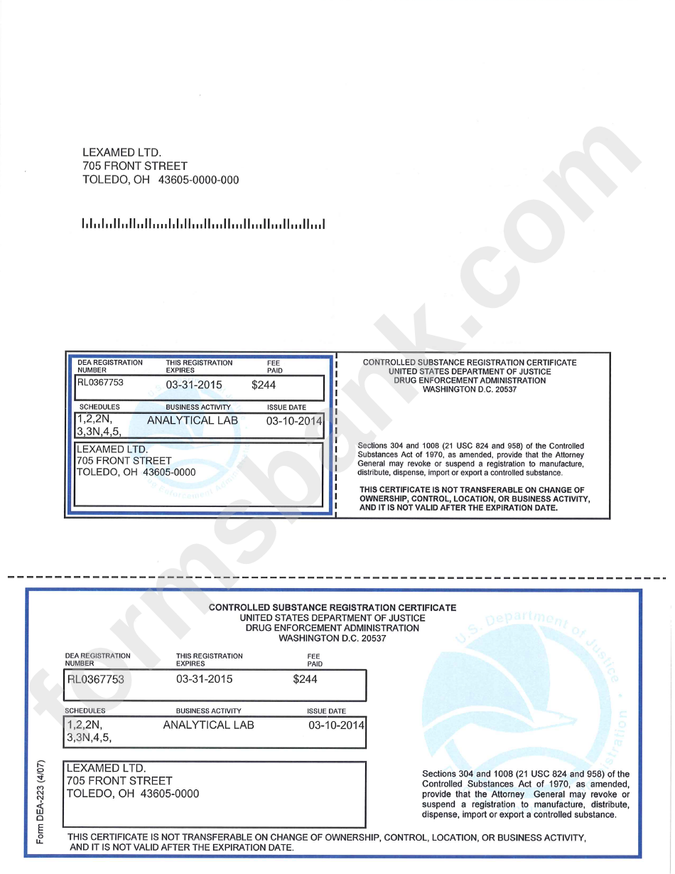 Form Dea223 Controlled Substance Registration Certificate printable