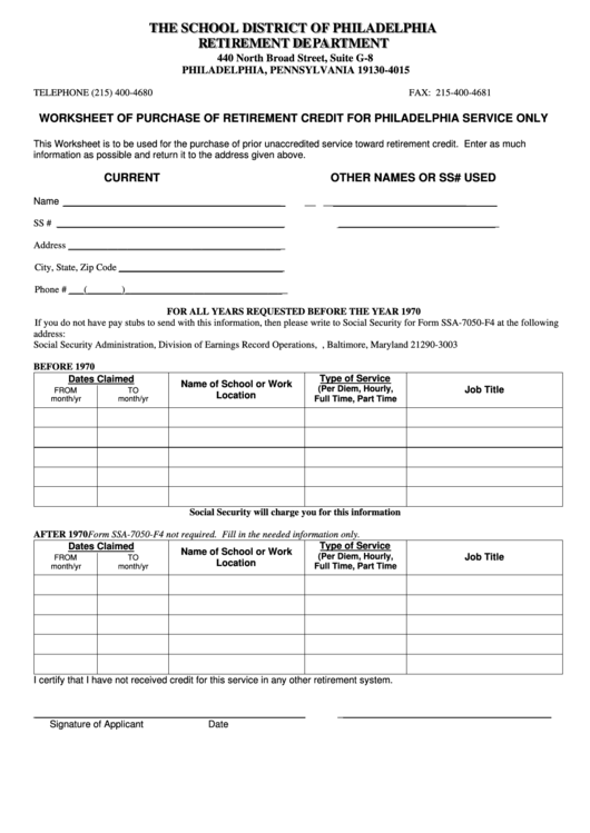 Worksheet Of Purchase Of Retirement Credit For Philadelphia Service Printable pdf
