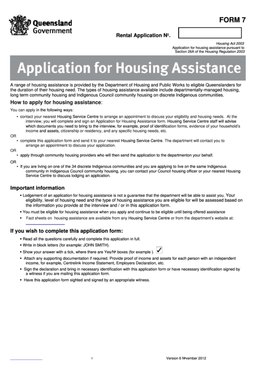 Form 7 - Application For Housing Assistance Printable pdf