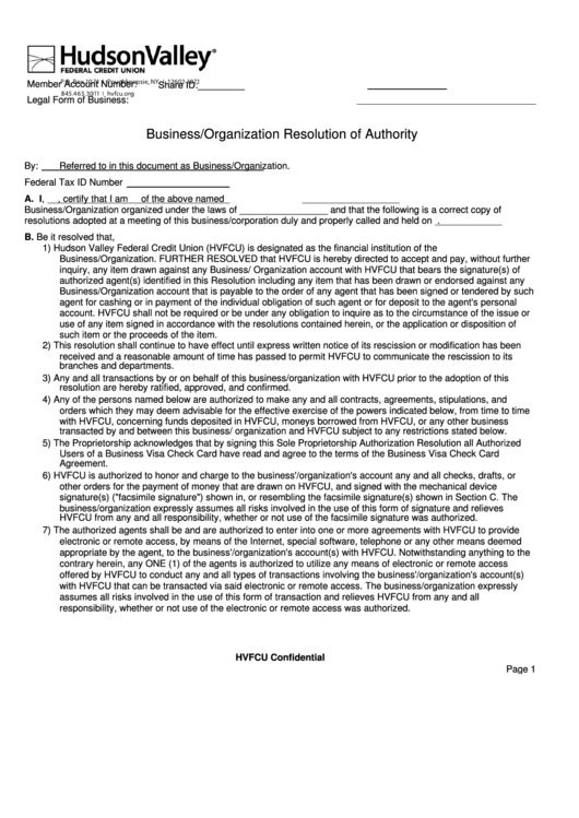 Business/organization Resolution Of Authority - Hudsonvalley Federal Credit Union Printable pdf