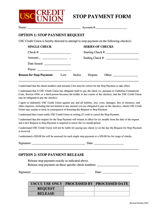 Fillable Stop Payment Form - Usc Credit Union Printable pdf