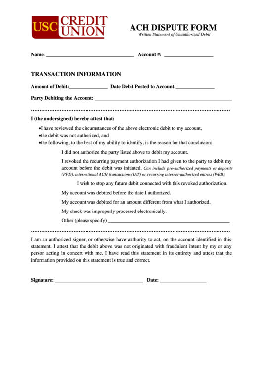 Fillable Ach Dispute Form - Written Statement Of Unauthorized Debit - Usc Credit Union Printable pdf