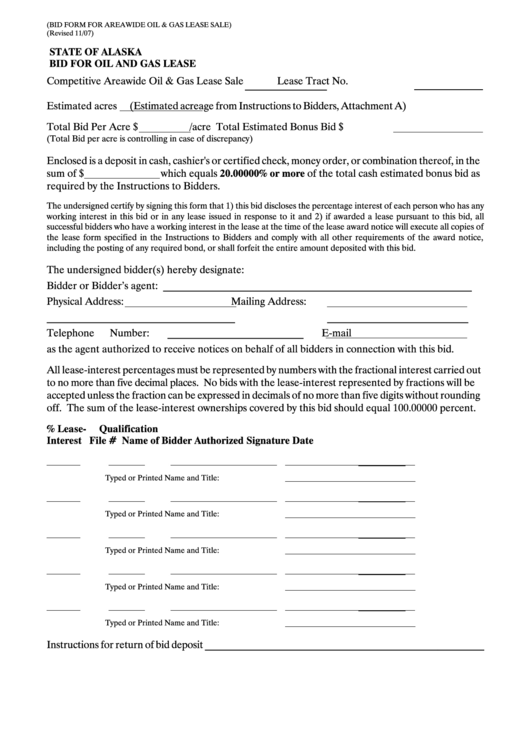 Bid Form For Areawide Oil And Gas Lease Sale Printable pdf