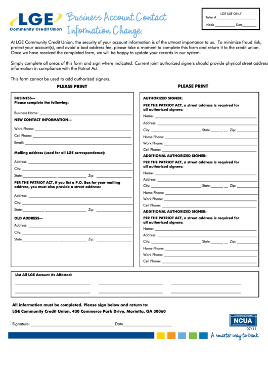 Business Account Contact Information Change Form - Lge Community Credit Union Printable pdf