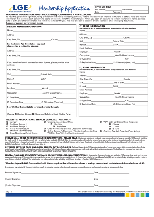 Membership Application - Lge Community Credit Union Printable pdf
