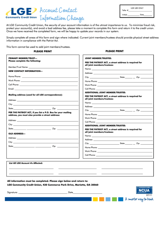 Account Contact Information Change Form - Lge Community Credit Union Printable pdf