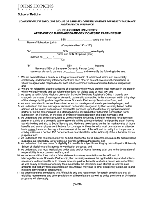 Affidavit Of Marriage/same-sex Domestic Partnership - Johns Hopkins University
