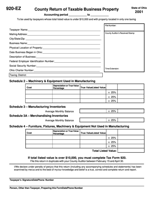 Form 920-Ez - County Return Of Taxable Business Property - 2001 Printable pdf