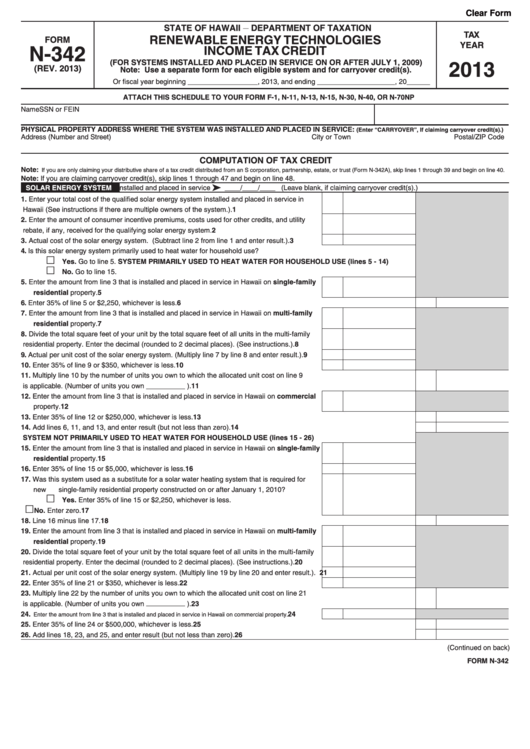 Fillable Form N-342 - Renewable Energy Technologies Income Tax Credit - 2013 Printable pdf