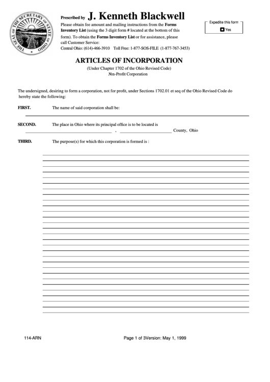 Form 114-Arn - Articles Of Incorporation - Non-Profit Corporation Printable pdf