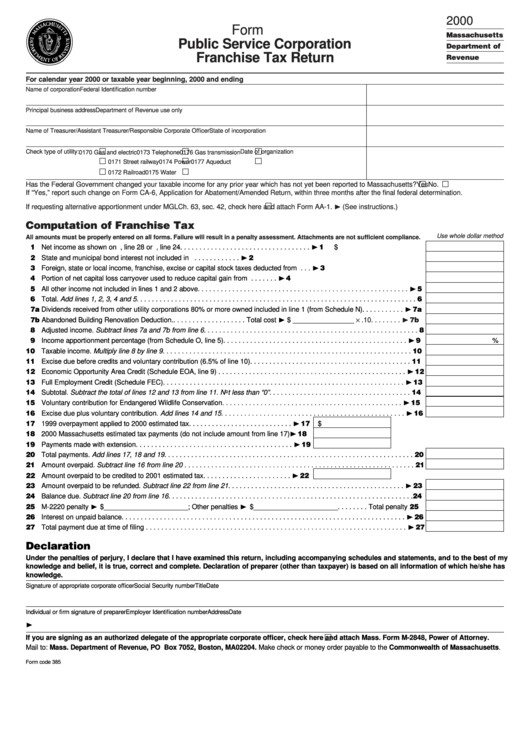 Form P.s.1 - Public Service Corporation Franchise Tax Return - 2000 Printable pdf