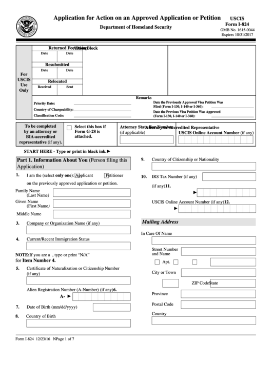 Fillable Form I-824 - Application For Action On An Approved Application Or Petition - Uscis Form Printable pdf
