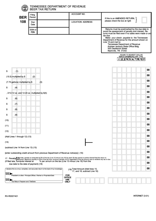 Form Ber108 - Beer Tax Return Printable pdf