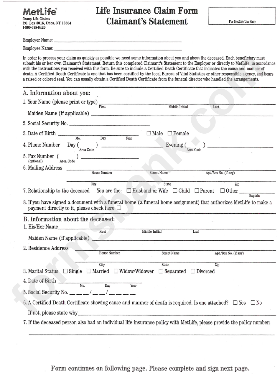 Life Insurance Claim Form Claimant'S Statement - Metlife Form printable