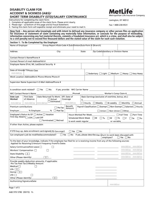 Fillable Form A s Std 5782 Disability Claim For Accident Sickness 