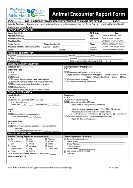 Animal Encounter Report Form - West Virginia Bureau Of Public Health Printable pdf
