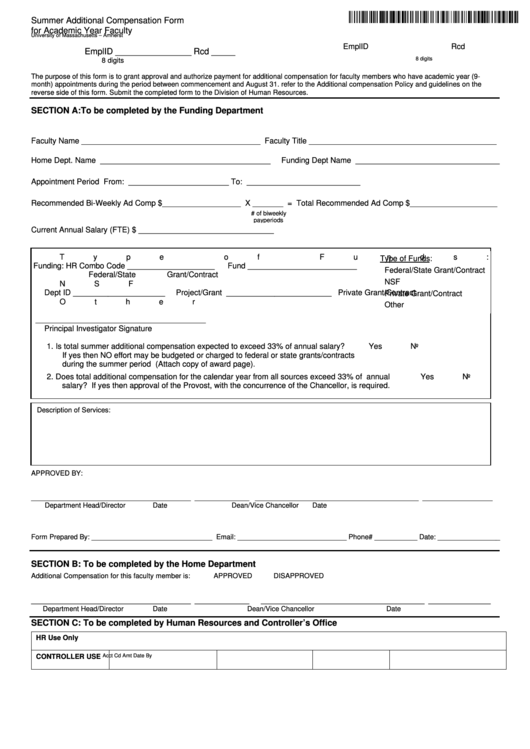 Fillable Summer Additional Compensation Form For Academic Year Faculty Printable pdf