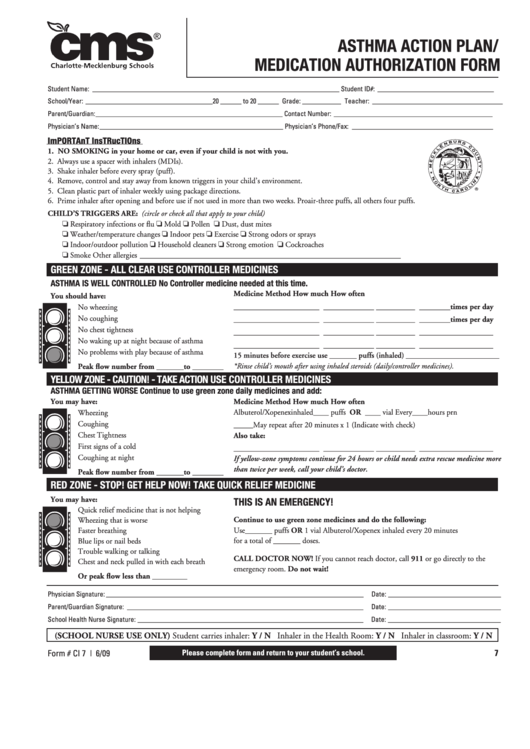 Form Ci 7 - Asthma Action Plan - Medication Authorization Form Printable pdf